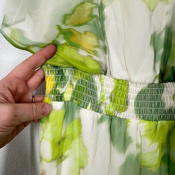 DKNY Women's Size 12 Green Yellow Floral Sheer Overlay V Neck Midi Dress Wedding - Picture 8 of 11